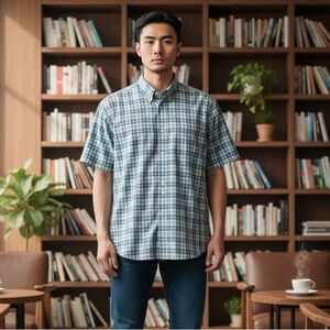 TravelSmith Blue and White Plaid Shirt